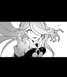  1girl attacking_viewer black_border black_mouth border clothing_cutout crazy_eyes curled_fingers dress drop-shaped_pupils eyelash_ornament fingernails flat_chest focalors_(genshin_impact) genshin_impact greyscale hair_over_one_eye hand_up highres letterboxed long_hair looking_at_viewer monochrome note_nii open_hand parted_lips portrait puffy_sleeves solo symbol-shaped_pupils underboob_cutout white_background wide-eyed 