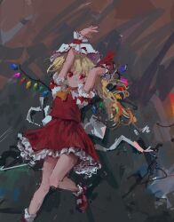  1girl ascot blonde_hair bow crystal flandre_scarlet frilled_shirt frilled_shirt_collar frilled_skirt frilled_sleeves frills hat hat_ribbon highres mob_cap no_lineart one_side_up puffy_short_sleeves puffy_sleeves red_bow red_eyes red_ribbon red_shoes red_skirt red_vest reddizen ribbon shirt shoes short_hair short_sleeves skirt touhou vest white_bow white_ribbon white_shirt wings yellow_ascot 