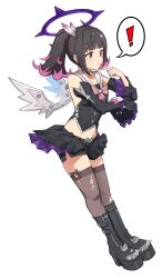  ! 1girl :o absurdres black_hair boots colored_inner_hair commentary detached_sleeves full_body halo highres mechanical_wings multicolored_hair nangong_yu nangong_yu_(rhapsody's_muse) pink_hair platform_boots psycho_(1777) red_eyes shorts shorts_under_skirt solo spoken_exclamation_mark thigh-highs torn_clothes torn_thighhighs twintails wings zenless_zone_zero 