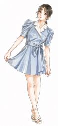  1girl ankle_strap bare_legs belt_ribbon blue_dress breasts brown_eyes brown_hair buttons clothes_lift collar collarbone crossed_legs double-breasted dress eyelashes full_body head_tilt high_heels highres janarp4 leaning_to_the_side lifting_own_clothes medium_hair open-toe_shoes original parted_lips ponytail puffy_short_sleeves puffy_sleeves short_dress short_sleeves simple_background skirt skirt_lift slim_legs small_breasts standing strappy_heels teeth white_background white_collar 