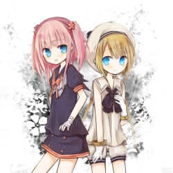  2girls amakaze_sora bandaged_hand bandages beret black_bow black_sailor_collar black_shirt black_skirt blonde_hair blue_eyes blush borrowed_character bow closed_mouth commentary_request flower gloves grey_hat grey_shorts hair_flower hair_ornament hat long_hair multiple_girls original pink_hair puffy_short_sleeves puffy_shorts puffy_sleeves red_bow red_flower sailor_collar shirt short_sleeves shorts skirt smile two_side_up very_long_hair white_gloves 