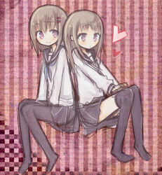  2girls amakaze_sora black_pantyhose black_sailor_collar black_skirt black_thighhighs blush brown_hair checkered_background closed_mouth english_text heart long_hair long_sleeves multiple_girls original pantyhose pleated_skirt puffy_long_sleeves puffy_sleeves sailor_collar school_uniform serafuku shirt sitting skirt smile striped_background text_background thigh-highs vertical-striped_background violet_eyes white_shirt yuri 