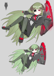  1girl 5050tamakani absurdres black_dress black_gloves black_shoes brown_horns closed_mouth commentary_request dress eyelashes eyepatch fang full_body gloves green_hair green_pantyhose grey_background highres holding holding_weapon horns huge_weapon long_hair long_sleeves neck_ribbon original pantyhose reaching reaching_towards_viewer red_eyes red_ribbon ribbon shoes simple_background smile solo very_long_hair weapon 