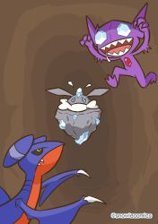  black_sclera blue_eyes carbink claws colored_sclera commentary_request drooling fangs fangs_out flying_sweatdrops gabite no_humans pokemon pokemon_(creature) pokemon_focus sableye sharp_teeth snowiecomics teeth twitter_username watermark yellow_eyes 