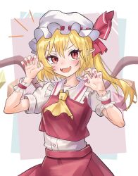  1girl ascot blonde_hair bow breasts claw_pose collared_shirt commentary_request crystal crystal_wings fangs flandre_scarlet frilled_shirt_collar frilled_wrist_cuffs frills hat hat_bow highres kohakureizi9v looking_at_viewer mob_cap multicolored_wings one_side_up pointy_ears puffy_short_sleeves puffy_sleeves red_bow red_eyes red_nails red_skirt red_vest red_wrist_cuffs shirt short_sleeves skin_fangs skirt skirt_set small_breasts solo touhou vest white_hat white_shirt wings wrist_cuffs yellow_ascot 