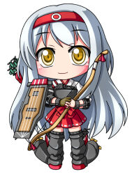  1girl blush bow_(weapon) chibi chibi_only closed_mouth commentary_request full_body grey_shoes grey_thighhighs hairband hakama hakama_short_skirt hakama_skirt holding holding_bow_(weapon) holding_weapon japanese_clothes kantai_collection kimono long_hair muneate red_hairband red_hakama shinjitsu shoes shoukaku_(kancolle) simple_background skirt smile solo standing thigh-highs very_long_hair weapon white_background white_hair white_kimono yellow_eyes zettai_ryouiki 