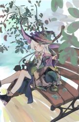  1girl absurdres as_ink_art bell black_cat black_hat boots braid broom cat elaina_(majo_no_tabitabi) hair_between_eyes hat highres holding holding_bell leaf long_hair long_sleeves looking_at_viewer majo_no_tabitabi on_bench parted_lips pink_ribbon ribbon sitting solo violet_eyes white_hair witch witch_hat yellow_ribbon 