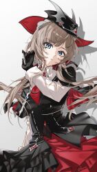  1girl absurdres ascot black_capelet black_dress black_hat blue_eyes brown_hair bullet capelet commentary cowboy_shot dress genshin_impact hat highres holding holding_bullet long_sleeves looking_at_viewer official_alternate_costume parted_lips red_ascot rena_(rena_emc2) sandrone_(genshin_impact) sandrone_(marechaussee_hunter)_(genshin_impact) shadow short_hair_with_long_locks simple_background solo white_background 