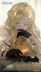  1girl absurdres ariadne_(black_beacon) bare_shoulders black_beacon black_gloves blonde_hair blurry blurry_background copyright_name copyright_notice gloves hand_on_own_chin highres holding holding_pen logo long_hair looking_down official_art official_wallpaper pen shirt solo upper_body yellow_eyes yellow_shirt 