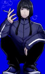  09duu 1other black_eyes black_hair black_pants blue_background blue_jacket blue_shoes bob_cut borrowed_character cigarette commentary full_body highres holding holding_cigarette jacket kyona_(nn_yoka) long_sidelocks original other_focus pants shoes sidelocks smoke solo squatting striped_clothes striped_jacket track_jacket untranslatable_commentary vertical-striped_clothes vertical-striped_jacket 