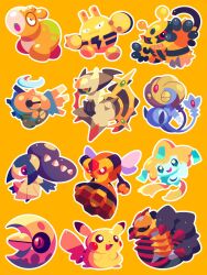  arceus black_sclera closed_eyes closed_mouth colored_sclera electivire elekid fangs forehead_jewel full_body giratina giratina_(origin) green_sclera half-closed_eyes highres jirachi lunatone mawile no_humans nostrils numel open_mouth outline pikachu pokemon pokemon_(creature) pokemon_focus red_eyes shedinja shichi_(7cube_ori) simple_background skin_fangs smile teeth uxie vespiquen white_outline yellow_background yellow_theme 