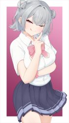  1girl :q ;q absurdres arm_under_breasts blue_skirt border bow cevio collared_shirt commentary_request cowboy_shot double_bun eyelashes fingernails goyoku_slime gradient_background grey_hair hair_between_eyes hair_bun hair_ornament hairclip highres koharu_rikka nail_polish one_eye_closed pink_background pink_bow pink_nails scrunchie shirt short_hair short_sleeves simple_background skirt smile solo star_(symbol) star_hair_ornament tongue tongue_out v violet_eyes white_border white_shirt wrist_scrunchie 