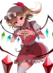  1girl ascot blonde_hair blood blood_on_clothes collared_shirt commentary crystal crystal_wings flandre_scarlet frilled_skirt frilled_wrist_cuffs frills hat hat_ribbon highres looking_at_viewer loveplum0510 mob_cap multicolored_wings one_side_up open_mouth pointy_ears red_eyes red_skirt red_vest red_wrist_cuffs ribbon shirt simple_background skirt skirt_set smile solo thigh-highs touhou vest white_background white_hat white_shirt white_thighhighs wings wrist_cuffs yellow_ascot 