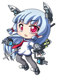  1girl blue_hair blue_sailor_collar blunt_bangs blunt_tresses blush chibi chibi_only commentary_request double_horizontal_stripe dress full_body grey_pantyhose grey_shoes hair_ribbon headgear kantai_collection long_hair long_sleeves murakumo_(kancolle) neckerchief open_mouth pantyhose pink_eyes red_neckerchief red_ribbon ribbon rigging sailor_collar sailor_dress shinjitsu shoes short_dress simple_background solo standing teeth tress_ribbon upper_teeth_only white_background white_dress 