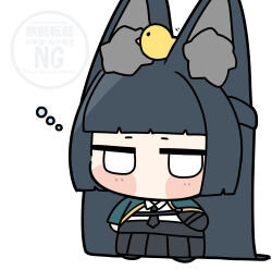  1girl animal_ear_fluff animal_ears animal_on_head aqua_jacket bird black_hair black_necktie black_skirt chibi commentary_request fox_ears fox_girl full_body highres hoshimi_miyabi jacket long_hair necktie on_head shinonome_nashi shirt skirt solo white_background white_shirt zenless_zone_zero 