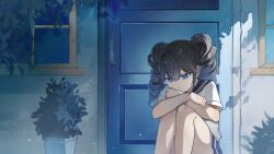  1girl :| absurdres alternate_hair_color arms_on_knees blue_eyes blue_sailor_collar blue_skirt closed_mouth commentary copyright_request day door double-parted_bangs drill_hair english_commentary expressionless feet_out_of_frame grey_hair hair_between_eyes hair_intakes highres kasane_teto kasane_teto_(sv) knees_up long_hair looking_down miniskirt outdoors plant potted_plant rain sailor_collar school_uniform serafuku shirt short_sleeves sidelighting sidelocks siocm sitting skirt solo sunlight synthesizer_v twin_drills utau white_shirt window 
