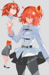  chaldea_logo chaldea_master_uniform closed_mouth collared_shirt command_spell corrupted_twitter_file cowboy_shot fate/grand_order fate_(series) floating_clothes from_side fujimaru_ritsuka_(female) full_body hair_ornament hair_scrunchie hand_up head_only highres lantern_madoyoi leaning_forward long_sleeves looking_ahead looking_at_viewer looking_up miniskirt multiple_views necktie orange_hair red_necktie scrunchie serious shirt skirt smile 