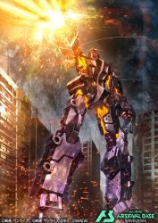  aiming bandai beam_cannon building chest_cannon cityscape commentary_request copyright_notice damaged deraken dirty energy energy_beam finger_cannon firing glowing gundam gundam_arsenal_base gundam_gquuuuuux logo mecha mecha_focus mixed-language_text muzzle_flash night no_humans o'neill_cylinder official_art psycho_gundam_(gquuuuuux) realistic red_assault_visor robot scene_reference science_fiction space_habitat spacecraft_interior title v-fin window 