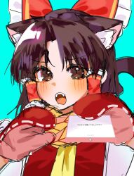 1girl animal_ears ascot benikurage_(cookie) blue_background blush bow brown_eyes brown_hair cat_ears cat_girl cat_tail commentary_request cookie_(touhou) frilled_bow frilled_hair_tubes frills hair_bow hair_tubes hakurei_reimu highres kemonomimi_mode kukiiwana looking_at_viewer mittens open_mouth red_bow red_mittens red_shirt scarf shirt short_hair simple_background slit_pupils solo striped_clothes striped_scarf tail teeth touhou translation_request upper_body upper_teeth_only yellow_ascot yellow_scarf 