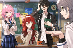 1boy 3girls ^_^ black_hair black_jacket blue_skirt chalkboard classroom closed_eyes commentary_request dan_heng_(honkai:_star_rail) desk graphia_academy_school_uniform grey_hair hair_between_eyes hairband highres himeko_(honkai:_star_rail) himeko_(young)_(honkai:_star_rail) honkai:_star_rail honkai_(series) indoors jacket long_hair march_7th_(honkai:_star_rail) multicolored_eyes multiple_girls nao_(naoooo_a) official_alternate_costume pink_hair red_hair school_desk school_uniform shirt short_hair skirt smile stelle_(honkai:_star_rail) trailblazer_(honkai:_star_rail) two-tone_eyes white_hairband white_jacket white_shirt yellow_eyes 