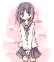  1girl amakaze_sora black_hair black_sailor_collar black_skirt black_thighhighs blue_eyes blush brown_necktie clouds cowboy_shot hair_ornament hairclip long_sleeves looking_at_viewer necktie open_mouth original own_hands_together pink_sky pleated_skirt puffy_long_sleeves puffy_sleeves sailor_collar school_uniform serafuku shirt skirt sky sleeves_past_wrists solo thigh-highs white_shirt 