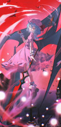  1girl absurdres ankle_boots ankle_cuffs artist_name bat_(animal) bat_wings blue_hair boots building chinese_commentary chiyo_akira closed_mouth commentary_request dated dress embodiment_of_scarlet_devil food fruit full_body hat highres holding holding_food holding_fruit looking_at_viewer medium_hair mob_cap outdoors pink_boots pink_dress pink_hat polearm puffy_short_sleeves puffy_sleeves red_eyes remilia_scarlet short_sleeves signature slit_pupils solo spear_the_gungnir touhou weapon white_ankle_cuffs white_wrist_cuffs wings wrist_cuffs 