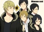  black_hair blonde_hair bob_cut brown_eyes durarara!! earrings glasses heiwajima_shizuo jacket jewelry kida_masaomi laphy o3o orihara_izaya ryuugamine_mikado short_hair sonohara_anri 