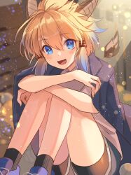  1girl black_socks blonde_hair blue_eyes blue_hair blue_jacket commentary_request gradient_hair gym_storeroom gym_uniform highres horns hugging_own_legs indoors jacket looking_at_viewer low_twintails multicolored_hair open_mouth puzzle_&amp;_dragons qilin_(p&amp;d) rakulog shoes sitting socks solo twintails vaulting_horse 