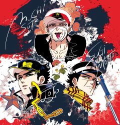  3boys black_hat camellia character_name collarbone flower golden_kamuy green_eyes hat highres jojo_no_kimyou_na_bouken kujo_jotaro male_focus multiple_boys parted_lips peaked_cap scarf shoujo_tsubaki stardust_crusaders sugimoto_saichi tokkuriji_muchisute tongue tongue_out trait_connection tsuruko_turuta white_hat yellow_scarf 
