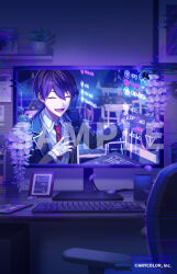  1boy :d akapii_(jun_0512) bandaged_hand bandages black_jacket chair closed_eyes collared_shirt commentary computer_keyboard copyright_name copyright_notice flower indoors jacket kenmochi_touya kenmochi_touya_(1st_costume) long_sleeves male_focus monitor necktie nijisanji official_art open_clothes open_jacket picture_frame purple_hair purple_theme red_necktie sample_watermark school_uniform shirt short_hair smile solo untranslatable_commentary virtual_youtuber watermark white_shirt wisteria 