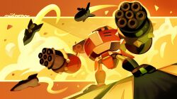 absurdres aircraft arm_cannon e-123_omega explosion firing flying gatling_gun gun highres mecha miitara missile no_humans one-eyed orange_background robot smoke solo sonic_(series) standing weapon 