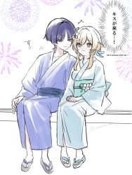  1boy 1girl aerial_fireworks alternate_costume arm_at_side blonde_hair blue_feathers blue_sash blunt_ends blush bright_pupils choppy_bangs clenched_hands closed_mouth collarbone commentary_request couple english_text eyelashes eyeliner feather_hair_ornament feathers fireworks flower full_body genshin_impact geta green_sash grey_sandals hair_flower hair_ornament hands_on_own_thighs hetero highres japanese_clothes kimono leaning_on_person looking_to_the_side lumine_(genshin_impact) makeup mixed-language_text obi parted_bangs pigeon-toed purple_kimono red_eyeliner sandals sash scaramouche_(genshin_impact) short_hair short_hair_with_long_locks sidelocks sitting smile snow20200 tareme toes tsurime twitter_username violet_eyes wavy_mouth white_background white_kimono white_pupils yellow_eyes yukata 