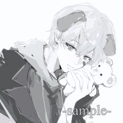  1boy animal_ears chi_kou_paomo closed_mouth commission crossed_bangs dog_boy dog_ears double-parted_bangs highres holding holding_stuffed_toy hood hood_down hoodie jacket male_focus mihuashi_commission necktie original portrait sample_watermark short_hair simple_background solo stuffed_animal stuffed_toy teddy_bear watermark white_background 