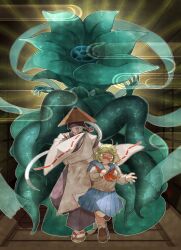  1boy 1girl 1other ajirogasa black_lips blue_serafuku celestial_(omusubi) commentary_request corruption crying earrings geta green_hair grey_hair hat highres hinako_(omusubi) issa_(omusubi) japanese_clothes jewelry kariginu libera long_hair official_art omusubi_(game) pleated_skirt ponytail running school_uniform serafuku short_hair skirt smile sweatdrop tassel tassel_earrings tears wide_sleeves 