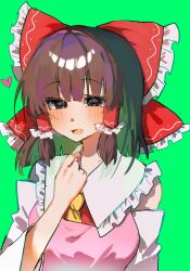  1girl absurdres apron ascot black_eyes blush bow brown_hair commentary_request cookie_(touhou) detached_sleeves frilled_bow frilled_hair_tubes frilled_shirt_collar frills hair_bow hair_tubes hakurei_reimu highres kukiiwana looking_at_viewer medium_hair open_mouth pink_apron red_bow red_shirt rurima_(cookie) shirt sidelocks simple_background sleeveless sleeveless_shirt smile solo touhou upper_body white_sleeves yellow_ascot 