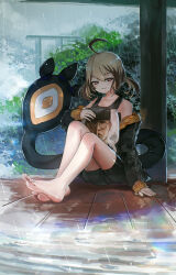  1girl absurdres advarcher ahoge bare_shoulders barefoot black_jacket black_tank_top blonde_hair breasts brown_hair closed_mouth clouds cloudy_sky commentary faker_(person) feet full_body gigi_murin highres hololive hololive_english jacket long_sleeves looking_at_viewer multicolored_hair open_clothes open_jacket outdoors pillow pink_eyes rain real_life short_hair sitting sky small_breasts smile soles tail tank_top toenails toes twintails two-tone_hair virtual_youtuber 