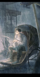  1boy absurdres black_boots black_border black_eyes black_hair black_pants boots border building chinese_clothes cigarette closed_mouth curtained_hair expressionless from_side full_body grey_jacket hair_between_eyes highres holding holding_cigarette jacket letterboxed long_sleeves looking_ahead male_focus open_clothes open_jacket original outdoors pants plant rain rickshaw shirt short_hair sitting smoke solo tangzhuang towel towel_around_neck undercut white_shirt window xiaobo_21 