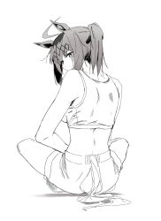  1girl absurdres ahoge alternate_costume animal_ears blush breasts crop_top greyscale hairband hand_on_lap head_tilt highres horse_ears horse_girl horse_tail indian_style looking_at_viewer looking_back medium_breasts monochrome nnnnnanashiiii oguri_cap_(umamusume) ponytail shadow shorts shoulder_blades simple_background sitting sketch solo tail umamusume white_background 