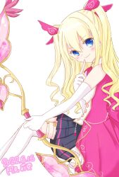  1girl black_skirt blonde_hair blue_eyes blush character_request closed_mouth commentary_request copyright_request dated elbow_gloves eyelashes gloves hair_between_eyes hair_ribbon highres holding long_hair macaron_cocoa pink_ribbon ribbon simple_background skirt smile solo translation_request two_side_up white_background white_gloves 