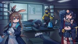  1boy 1other 2girls :d ;d absurdres ambiguous_gender amiya_(arknights) amiya_(medic)_(arknights) animal_ears arknights ascot black_coat black_gloves black_pants black_thighhighs blue_eyes blush breasts brown_hair closure_(act_iii)_(arknights) closure_(arknights) coat commentary crown desk doctor_(arknights) dress english_commentary gloves goggles goggles_around_neck helmet highres hood hood_up id_card indoors infection_monitor_(arknights) long_hair mabing mask mechanist_(arknights) medium_hair midriff multiple_girls navel official_art one_eye_closed open_clothes open_coat open_mouth pants pointy_ears ponytail puff_of_air rabbit_ears rabbit_girl raised_inner_eyebrows red_eyes second-party_source shirt single_thighhigh sitting small_breasts smile thigh-highs thumbs_up tied_shirt two_side_up very_long_hair white_ascot white_dress wiping_sweat 