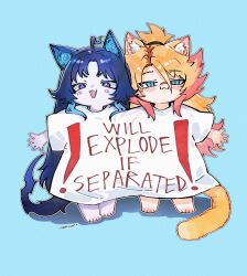 ! 2girls :3 absurdres ahoge animal_ears bandaid bandaid_on_face bandaid_on_nose blonde_hair blue_eyes blue_hair blush cat_ears cat_girl cat_tail chibi colored_skin commentary english_commentary fiery_ears freckles fufu_(vtuber) grey_skin harukami_2277 highres indie_virtual_youtuber long_hair looking_at_viewer multicolored_hair multiple_girls obkatiekat pink_hair purple_pupils shirt smile sparkling_eyes tail virtual_youtuber white_shirt 