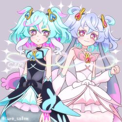  2girls :3 animal_ears aqua_bow aqua_hair aqua_streaks arm_warmers back_bow bare_shoulders black_arm_warmers black_choker black_dress bloomers blush bow bright_pupils brooch chest_bow choker clenched_hand closed_mouth collarbone colored_tips commentary cure_puca cure_salem cure_supreme dress gradient_eyes grey_background grey_bloomers grey_pantyhose hair_between_eyes hair_ornament hand_tattoo heart heart_brooch heart_hair_ornament highres holding_hands jewelry layered_dress looking_at_another magical_girl medium_dress medium_hair multicolored_eyes multicolored_hair multiple_girls off-shoulder_dress off_shoulder pantyhose pink_arm_warmers pink_bloomers pink_bow pink_choker pink_dress pink_streaks pleated_dress precure precure_all_stars precure_all_stars_f preme_(precure) puca_(precure) rabbit_ears rabbit_girl serious side-by-side simple_background smile split_mouth standing strapless strapless_dress streaked_hair tattoo thick_eyebrows twintails twitter_username two-tone_hair upper_body violet_eyes white_pupils 