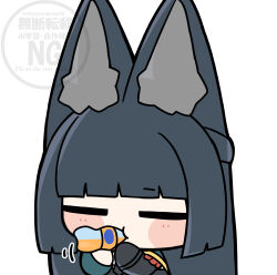  1girl animal_ear_fluff animal_ears aqua_jacket black_hair black_necktie black_skirt chibi closed_eyes commentary_request drink drinking fox_ears fox_girl highres holding holding_drink hoshimi_miyabi jacket long_hair necktie shinonome_nashi shirt skirt solo white_background white_shirt zenless_zone_zero 