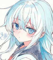  1girl anchor_symbol black_sailor_collar blue_eyes blue_hair blush commentary double-parted_bangs fantasydolce from_side frown hair_between_eyes hibiki_(kancolle) highres kantai_collection long_hair long_sidelocks looking_at_viewer neckerchief painting_(medium) paper_texture photo_(medium) portrait red_neckerchief sailor_collar sidelocks signature simple_background solo traditional_media turning_head watercolor_(medium) white_background 