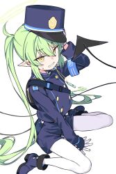  1girl absurdres armband black_tail blue_archive blue_armband blue_shorts commentary_request demon_tail gloves green_hair green_halo haimura_kiyotaka halo hat highres long_hair long_sleeves nozomi_(blue_archive) pantyhose peaked_cap pointy_ears revision shorts sitting solo tail twintails wariza white_background white_gloves white_pantyhose yellow_eyes 