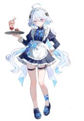  1girl absurdres ahoge alternate_costume apron black_bow black_dress black_shoes blue_bow blue_bowtie blue_eyes blue_gem blue_pupils blue_streaks blver bow bowtie cake cake_slice closed_mouth commentary dress drop-shaped_pupils enmaided food frilled_apron frilled_hairband frills full_body furina_(genshin_impact) gem genshin_impact hair_between_eyes hairband hand_on_own_hip hand_up heterochromia highres holding holding_tray juliet_sleeves long_hair long_sleeves looking_at_viewer maid maid_headdress multicolored_hair parfait puffy_sleeves shoes simple_background solo standing streaked_hair symbol-shaped_pupils thigh_strap tray very_long_hair white_apron white_background white_hair white_hairband 