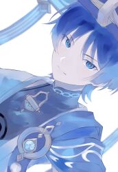  1boy anemo_symbol_(genshin_impact) bishounen black_bodysuit blue_cape blue_eyes blue_gem blue_hair blue_hat blue_jingasa blue_kimono blue_theme blunt_ends bodysuit cape choppy_bangs closed_mouth covered_collarbone dutch_angle gem genshin_impact gold hat highres japanese_clothes jingasa juban kimono looking_at_viewer male_focus mandarin_collar maru00163 open_clothes open_kimono pom_pom_(clothes) purple_hat scaramouche_(genshin_impact) shoulder_peek side_cape solo split_mouth tsurime two-sided_fabric two-sided_headwear wanderer_(genshin_impact) white_background white_kimono white_trim 