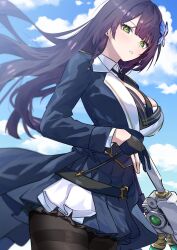  1girl assault_lily black_gloves black_necktie black_pantyhose blue_jacket blue_skirt blue_sky blurry blush braid breasts butterfly_hair_ornament clouds commentary_request cowboy_shot day depth_of_field detached_collar epaulettes floating_hair from_side funada_kiito gloves green_eyes hair_ornament half_gloves highres holding holding_weapon houji_tea_latte jacket large_breasts long_hair long_sleeves looking_at_viewer looking_to_the_side miniskirt mole mole_under_mouth necktie outdoors pantyhose parted_lips partially_fingerless_gloves purple_hair side_braid single_braid skirt sky solo standing thighband_pantyhose very_long_hair waist_cape weapon 