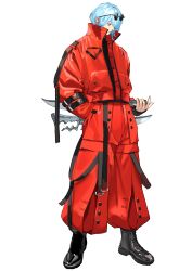  1059_259 1boy black_boots blue_hair boots character_request commentary_request copyright_request ear_piercing eyelashes eyewear_on_head full_body highres jacket male_focus piercing pocket red_eyes red_jacket round_eyewear short_hair simple_background solo sunglasses weapon weapon_on_back white_background 
