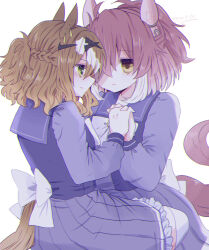 2girls ahoge animal_ears blush bow bowtie breasts brown_eyes brown_hair closed_mouth commentary_request cropped_torso dantsu_flame_(umamusume) ear_covers hair_between_eyes hair_ornament hairband hairclip highres holding_hands horse_ears horse_girl horse_tail jewelry jungle_pocket_(umamusume) large_breasts long_sleeves medium_hair multicolored_hair multiple_girls notched_ear pink_hairband pleated_skirt purple_sailor_collar purple_serafuku purple_shirt purple_skirt reya_p_d3 sailor_collar sailor_shirt school_uniform serafuku shirt simple_background skirt small_breasts tail tracen_school_uniform umamusume white_bow white_bowtie white_hair yellow_eyes 